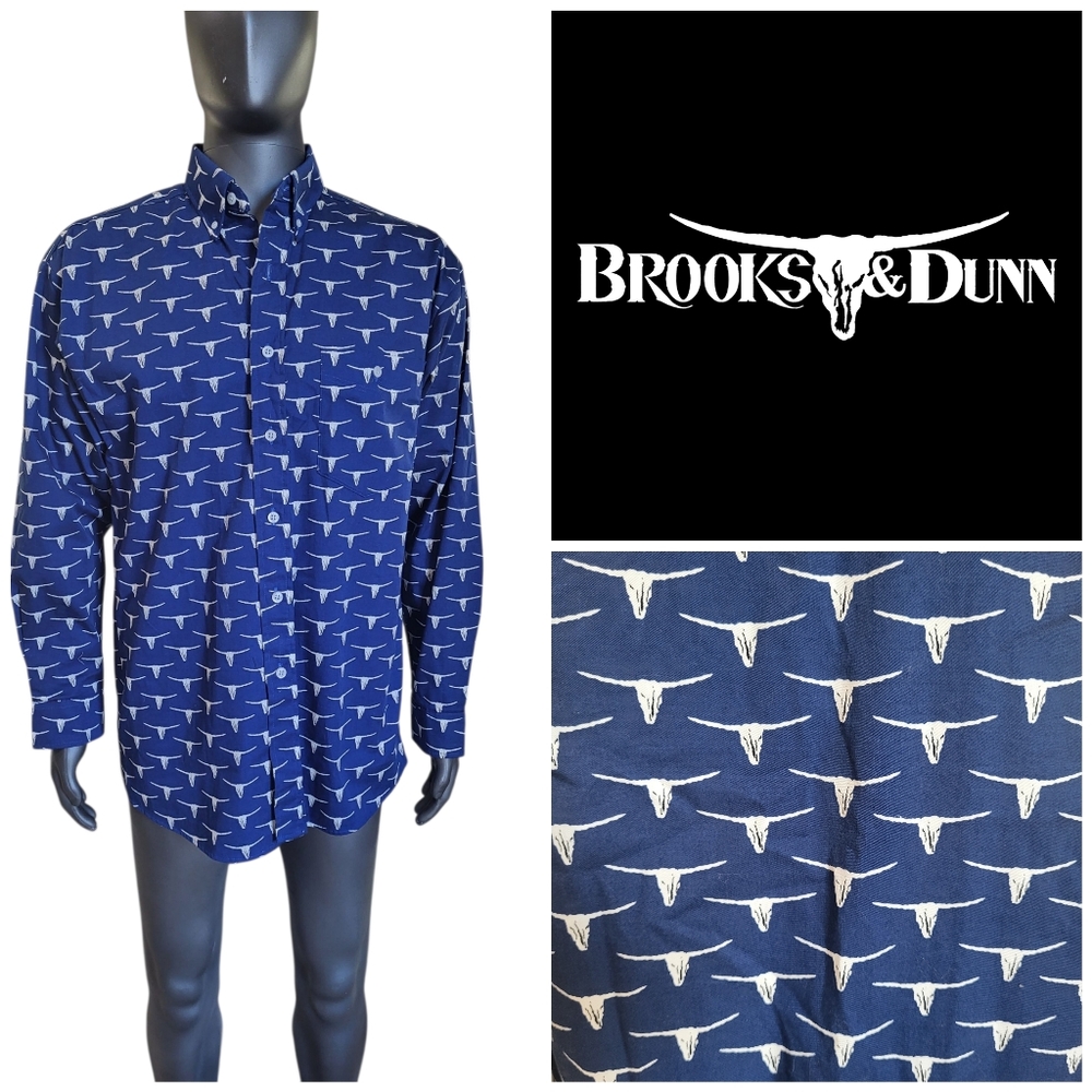 106B. Brooks & Dunn Men's Blue & White Longhorn Western Shirt - Size Med